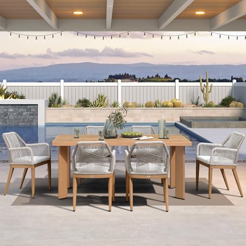 PURPLE LEAF 7 Pieces Patio Dining Set Aluminum Modern Rectangular Table and Rattan Arm Chairs with Cushions for Kitchen Porch Garden Outdoor Furniture Sets, Teak - color: Teak-high Armrest, size: 7 PCS, style: Rectangular