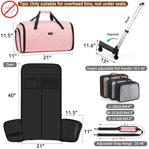 Rolling Garment Bags for Travel - Carry on Convertible Garment Duffle Bags with Wheels for Men Women, 4 in 1 Large Travel Duffel Bags with Shoes Compartment Hanging Suit Dress Weekender Bag 4pcs Set - color: Pink