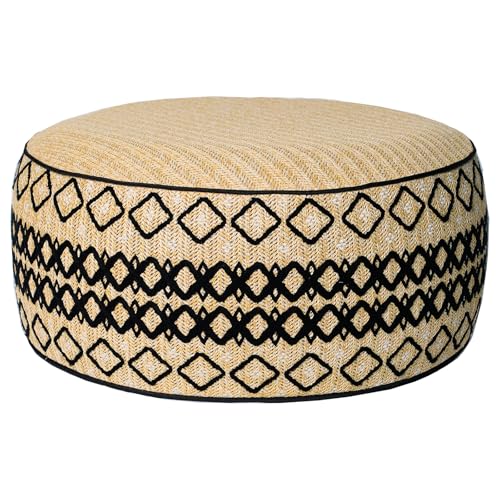 Outdoor Inflatable Ottoman with Air Pump, Embroidery Patio Footrest Stool D21”x H9”, Round Pouf Ottoman with Portable Handle Suitable for Garden, Camping, Bedroom, Living Room - color: Black Embroidery