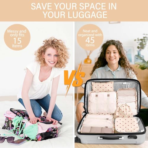 KPX 8 Set Packing Cubes for Travel, Luggage Packing Organizers Accessories Large Toiletries Bag for Clothes Shoes Cosmetics (8Set-Beige Strawberry) - color: 8Set-Beige Strawberry
