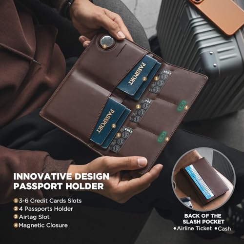 VULKIT Family Passport Holder for 4 Leather Passport Wallet with Airtag Slot Multiple Passport Holder RFID Blocking Bifold Travel Documents Organizer - color: Espresso