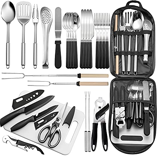 Portable Camping Kitchen Utensil Set-27 Piece Cookware Kit, Stainless Steel Outdoor Cooking and Grilling Utensil Organizer Travel Set Perfect for Travel, Picnics, RVs, Camping, BBQs, Parties and More - color: black