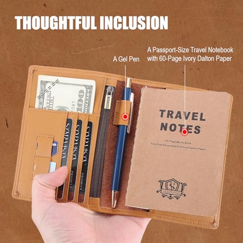 STAR VISTA Phoenix Leather Passport Holder, Calfskin Travel Wallet - RFID Blocking, ID Window, Zipper Pocket, Pen & Notebook Included, Honey - color: Honey Calfskin