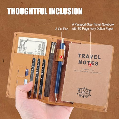 STAR VISTA Phoenix Leather Passport Holder, Calfskin Travel Wallet - RFID Blocking, ID Window, Zipper Pocket, Pen & Notebook Included, Honey - color: Honey Calfskin
