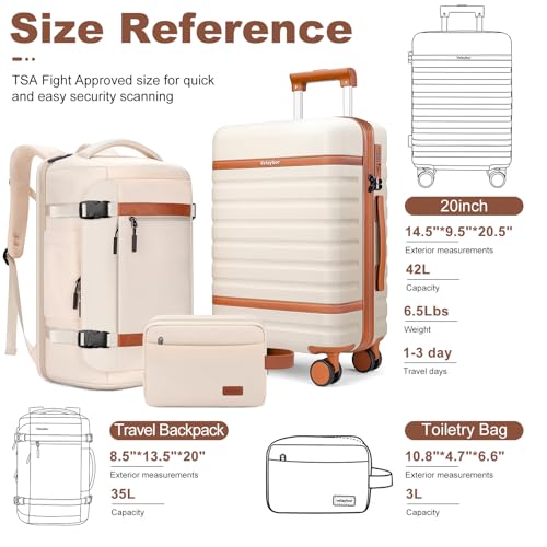 Luggage Sets 3 Piece with Spinner Wheels, Lightweight PC Hardside Suitcase with TSA Lock & YKK Zippers, 20 Inch Carry On Luggage with Travel Bag for Men and Women, Beige - color: Beige, size: 3 Piece Set (20inch)