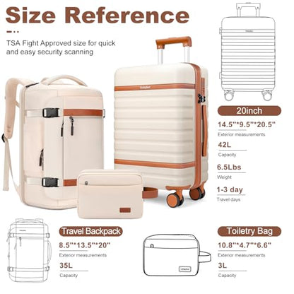 Luggage Sets 3 Piece with Spinner Wheels, Lightweight PC Hardside Suitcase with TSA Lock & YKK Zippers, 20 Inch Carry On Luggage with Travel Bag for Men and Women, Beige - color: Beige, size: 3 Piece Set (20inch)