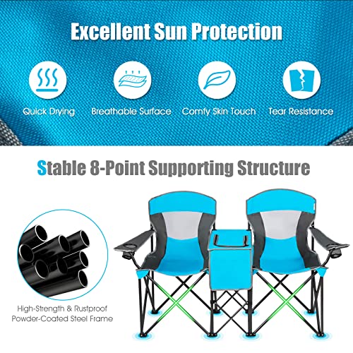 S AFSTAR Double Camping Chair w/Shade Canopy, 2-Person Folding Camp and Beach Chair with Mini Table Beverage Cup Holder Carrying Bag, Collapsible Camping Chairs for Garden Patio Pool Beach - color: Blue