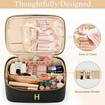 Personalized Initial Makeup Bag Gifts for Women, Large Travel Cosmetic Organizer with Handle & Divider, PU Leather Toiletry Bag for Girls, Birthday Bridesmaid Gift Set - Black - H - color: Black, style: H