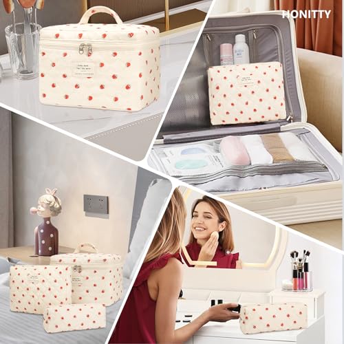 honitty Makeup Bag,Quilted Cosmetic Bags,Large Floral Make Up Organize bag,Makeup Bag Set for Women,Flower Travel Toiletry Bag - color: Strawberries