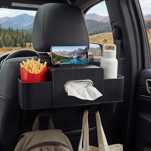 Backseat Car Organizer, 4 in 1 Multifunctional Car Back Seat Storage Organizer with Tissue Box, 2 Cup Holders, Phone Stand and Hooks, Automotive Seat Back Organizers (Black) - color: Black