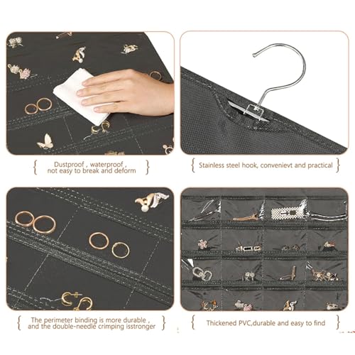Hanging Jewelry Organizer Pockets Canvas Double Sided Rotating Hanger Necklace Hanging Wall Organizer Jewelry Roll for Earrings, Necklaces,Sunglasses,rings (Beige) - color: Beige