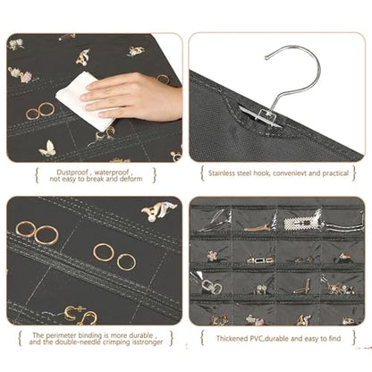 Hanging Jewelry Organizer Pockets Canvas Double Sided Rotating Hanger Necklace Hanging Wall Organizer Jewelry Roll for Earrings, Necklaces,Sunglasses,rings (Beige) - color: Beige