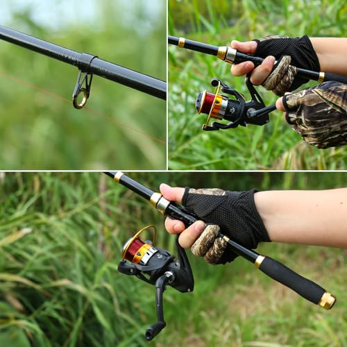 Yoilrey Fishing Rod and Reel Combo – 5.9ft Telescopic Fishing Pole Starter Kit with Spinning Reel, Fishing Line, Lure Box & Tackle Bag for Travel - color: Black and Gold Fish Rod Set