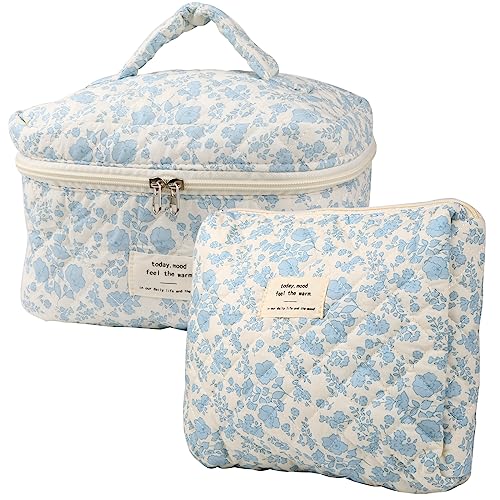 NATINSA Cute Makeup Bag for Women(2 Pcs), Travel Cosmetic Bags, Quilted Coquette Aesthetic Floral Toiletry Organizer Bag (NavyBlue Flower) - color: NavyBlue Flower