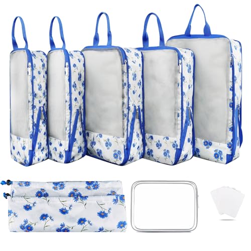 7 Pcs Compression Packing Cubes for Travel Luggage, Lightweight Suitcase Organizer Bags Set, Compression Packaging Cube for Travel Essentials, Packing Cubes for Carry on Suitcase - color: blue daisy