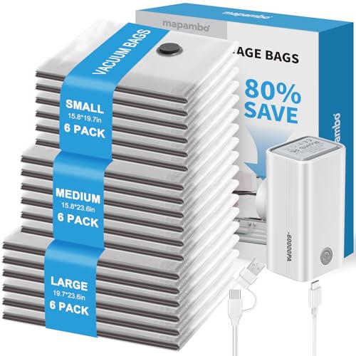 18 Pack Vacuum Seal Bags for Clothing Travel with -60000Pa USB Pump, Save 80% of Space for Clothes (18 Combo Size) - size: 18 Combo Size