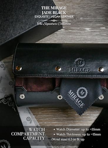 Watch Roll Case Organizer - Watch Travel Case for Men and Women - 3 Watch Carrying Case and Display - Jade Black with Mahogany Brown Interior Vegan Leather - color: Jade Black 3-watch case