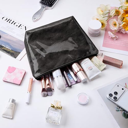 WLLWOO PVC Waterproof Makeup Bag Kraft Paper Cosmetic Bag Travel Toiletry Zipper Pouch Organizer for Women Purse - color: PVC-Black