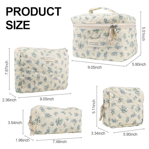NATINSA Cute Makeup Bag for Women(2 Pcs), Travel Cosmetic Bags, Quilted Coquette Aesthetic Floral Toiletry Organizer Bag (41 - Blue Rose/4PCS) - color: 41 - Blue Rose/4PCS