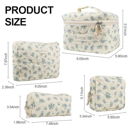 NATINSA Cute Makeup Bag for Women(2 Pcs), Travel Cosmetic Bags, Quilted Coquette Aesthetic Floral Toiletry Organizer Bag (41 - Blue Rose/4PCS) - color: 41 - Blue Rose/4PCS