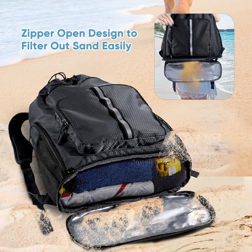 Large Beach Backpack Waterproof Sandproof - Customized Oversized Drawstring Pool Bag with Shoe Compartment for Toiletries, Towels, Gym, Travel - color: Black