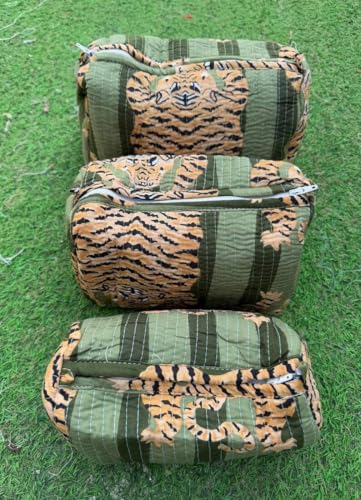 YILLE Set of 3 Pieces Block Printed Travel Organizer Kit Storage Bag for Women Makeup Bag Travel Cosmetic Bag (Dark Green Fat Tiger) - color: Dark Green Fat Tiger