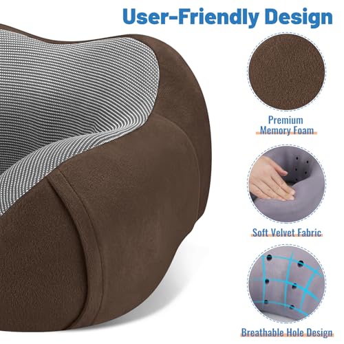 CloudBliss Travel Pillow for Plane, Memory Foam Neck Pillow for Travel, Airplane Pillow with Eye Mask, Earplugs, Storage Bag, Compact Neck Pillow for Long Flight, Car & Office, Trip Essentials, Brown - color: Brown
