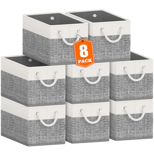 Fab totes Storage Bins 8-Pack, Foldable Storage Baskets for Organizing Toys, Books, Shelves, Closet, Large Storage Box with Rope Handles, Sturdy Organizer Bins, White & Grey - color: White & Grey, size: 8pack
