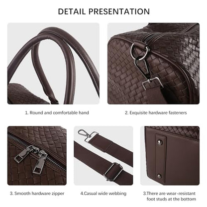 Weekender Bags for Women Woven Leather Travel Duffle Bag with Shoe Compartment, Carry On Garment Bag for Men Women, Large Capacity Water-resistant Gym Tote (Coffee) - color: Coffee