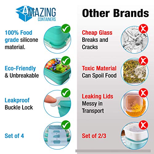 AMAZING CONTAINERS™ Collapsible Silicone Food Storage Container Set of 4 with Lids | Stackable | Microwaveable | Freezer, Dishwasher Safe| BPA Free