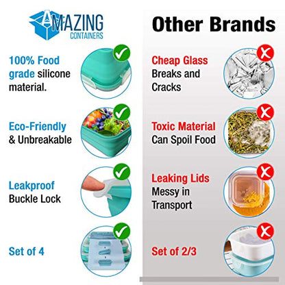 AMAZING CONTAINERS™ Collapsible Silicone Food Storage Container Set of 4 with Lids | Stackable | Microwaveable | Freezer, Dishwasher Safe| BPA Free