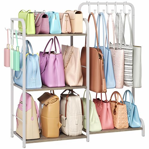 Purse Organizer for Closet, Large Capacity Purse Rack with 2 Purse Hangers and 5 Purse Hooks for Bag Organizer, Freestanding 3-Tier Handbag Organizer for Purse Storage, Ironwood Purse Holder, White - color: White, size: 3-Tier L