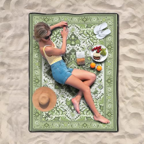 Supfitness Extra Large Picnic Blankets Waterproof Foldable (60"x 80") Beach Blanket Waterproof Sandproof,3-Layer Thicking Mat Outdoor Packable Camping Blanket - color: Boho-green, size: 60x80in