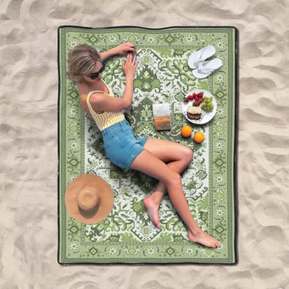 Supfitness Extra Large Picnic Blankets Waterproof Foldable (60"x 80") Beach Blanket Waterproof Sandproof,3-Layer Thicking Mat Outdoor Packable Camping Blanket - color: Boho-green, size: 60x80in