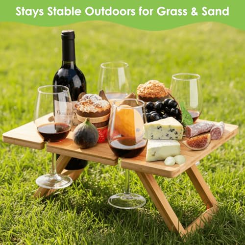 Youeon Portable Wine Picnic Table with 5 Wine Glasses Holder, Foldable Champagne Picnic Snack Table, Wine and Cheese Table for Picnic, Camping, Park, Beach, Wine Lover Gift