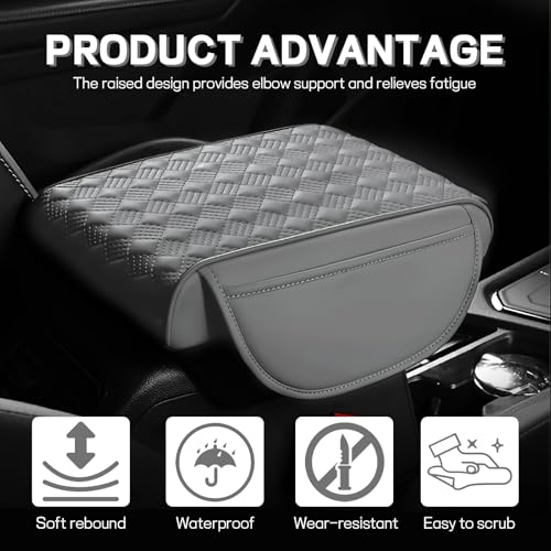 Car Armrest Cushion, 12.2"×8.3" Leather Auto Memory Foam Center Console Pad with Storage Pocket, Waterproof & Anti-Scratch Elbow Pillow Armrest Seat Box Protector, Universal Fit (Gray) - color: Gray