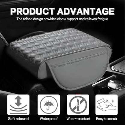 Car Armrest Cushion, 12.2"×8.3" Leather Auto Memory Foam Center Console Pad with Storage Pocket, Waterproof & Anti-Scratch Elbow Pillow Armrest Seat Box Protector, Universal Fit (Gray) - color: Gray