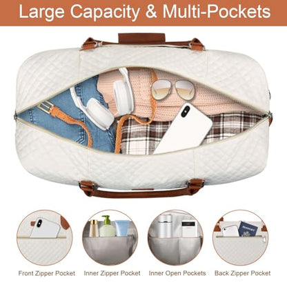 ITIEZY Weekender Overnight Bag for Women - Large Travel Duffel Bag with Shoe Compartment, Gym Duffel Bag Hospital Bag Carry On Tote Bags for Airplanes with Crossbody Bag Toiletry Bag 3Pcs Set - color: 1-Beige