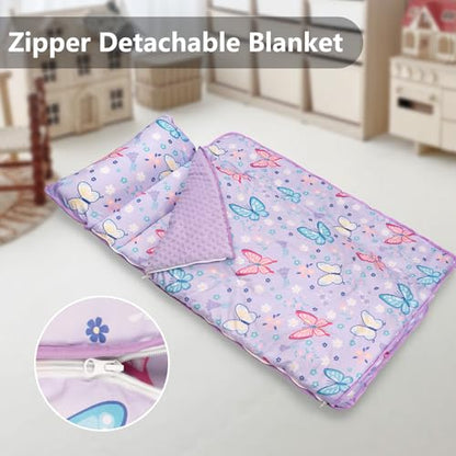Primlect Toddler Nap Mat Extra Large Thickened 55''x35'', Soft Sleeping Bag with Detachable Minky Blanket and Pillow, Portable for Daycare, Preschool, Kindergarten, Travel, Boys and Girls - color: Purple Butterfly
