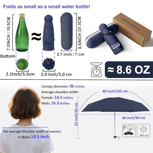 BAODINI Travel Essentials Mini Umbrella for Purse With Case Small Compact UV Sun Protection Lightweight Tiny Pocket Manual Open Close Umbrella for Women Kids and Men Fits Purse Backpack - color: F-2 Pack Navy Blue & Black