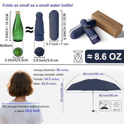 BAODINI Travel Essentials Mini Umbrella for Purse With Case Small Compact UV Sun Protection Lightweight Tiny Pocket Manual Open Close Umbrella for Women Kids and Men Fits Purse Backpack - color: F-2 Pack Navy Blue & Black