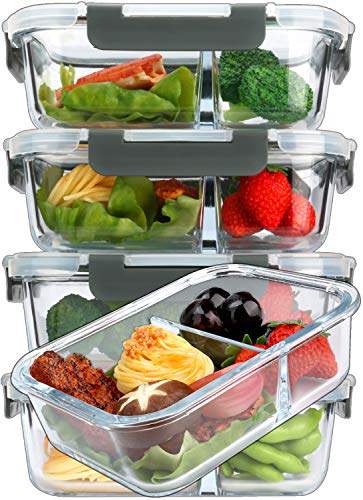 M MCIRCO [5-Pack,36 Oz] Glass Meal Prep Containers 2 Compartments Portion Control with Upgraded Snap Locking Lids Glass Food Storage Containers, Microwave, Oven, Freezer and Dishwasher (4.5 Cups) - color: Gray