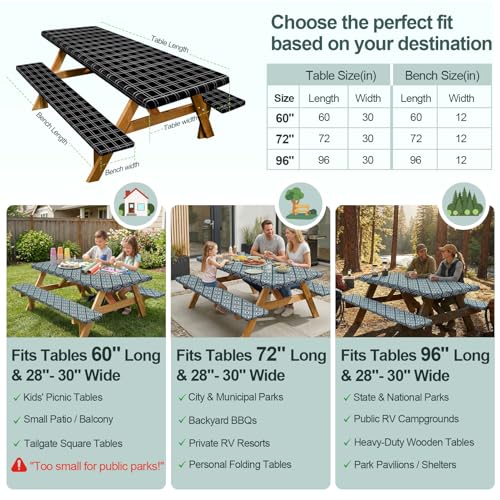 Picnic Table Cover with Bench Covers Camping Essentials Waterproof Windproof Camping Tablecloth with Drawstring Bag, Fitted Rectangle Tables and Seats, 72in, Black Checkered - color: Black Checkered, size: 72in