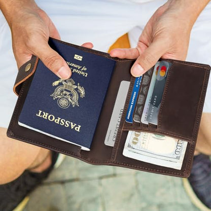 Polare Slim RFID Blocking Leather Passport Holder Travel Bifold Wallet For Men (Dark Brown(Snap Version)) - color: Dark Brown(Snap Version)