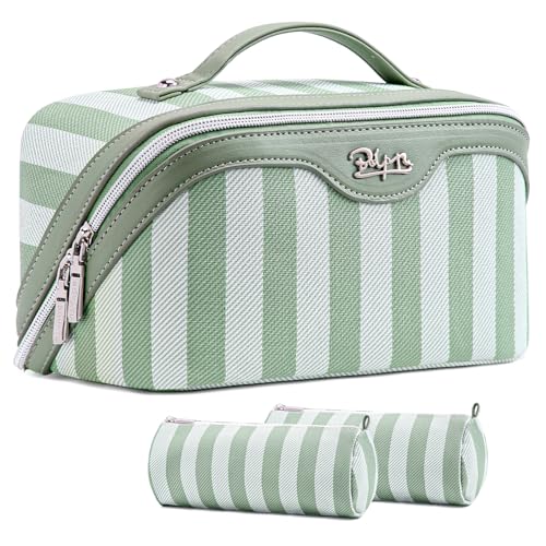 BOYATU Travel Makeup Bag Cosmetic Bag for Women: 3 Pcs Set Striped Make up Bag with Compartments - Waterproof Vegan Leather Toiletry Bag with Handle - Makeup Organizer for Travel Essentials(A-2-Green) - color: A-2-Green