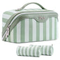 BOYATU Travel Makeup Bag Cosmetic Bag for Women: 3 Pcs Set Striped Make up Bag with Compartments - Waterproof Vegan Leather Toiletry Bag with Handle - Makeup Organizer for Travel Essentials(A-2-Green) - color: A-2-Green