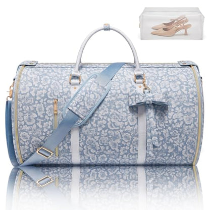 Travel Garment Bag for Women, Foldable Carry On Garment Duffle Bag 20.5x10x12.5 Inch, Convertible Overnight Bags with Shoe & Toiletry Pockets for Business Trip, Vacation, Party, Blue-White - color: White-Blue