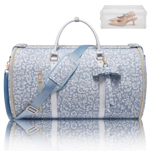 Travel Garment Bag for Women, Foldable Carry On Garment Duffle Bag 20.5x10x12.5 Inch, Convertible Overnight Bags with Shoe & Toiletry Pockets for Business Trip, Vacation, Party, Blue-White - color: White-Blue