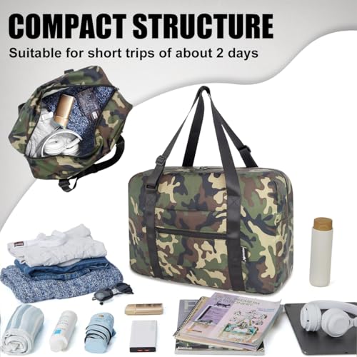 Small Duffle Bag for Men Women, Mini Gym Bag Foldable Travel Tote Carry On Luggage with Trolley Sleeve, Green Camo - color: Green camo, size: 23L