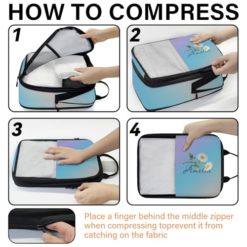 Custom 6 Set Compression Packing Cubes for Travel, Personalized Lightweight Luggage Organizer Bags with Birth Flower, Expandable Large Expandable Packing Organizer, Light Blue - color: Blue Pinks Purple